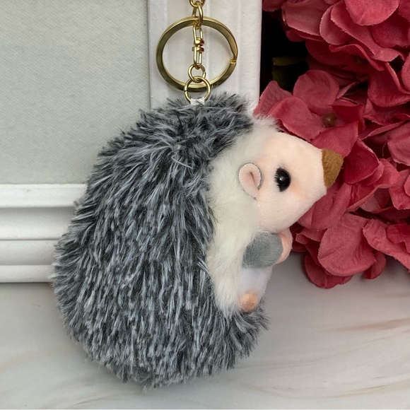 Fluffy Gray and White Hedgehog Keychain Charm - Picture 2 of 14